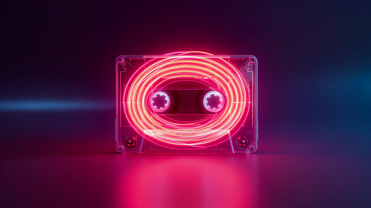 Neon coil starting rotation circling cassette on shiny base in studio casting pink-blue reflections