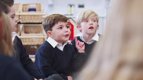 Primary-school-kids-sitting-on-the-floor-in-class-listening-to-their-teacher,-close-up