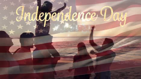 Group-of-friends-at-the-beach-and-the-American-flag-with-an-Independence-Day-text