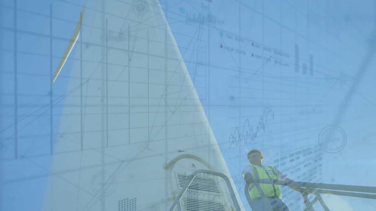 풍력 터빈의 애니메이션, 남성 엔지니어 및 금융 데이터 처리