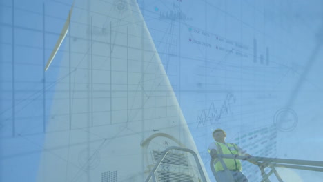 animación de la turbina eólica, ingeniero masculino y procesamiento de datos financieros