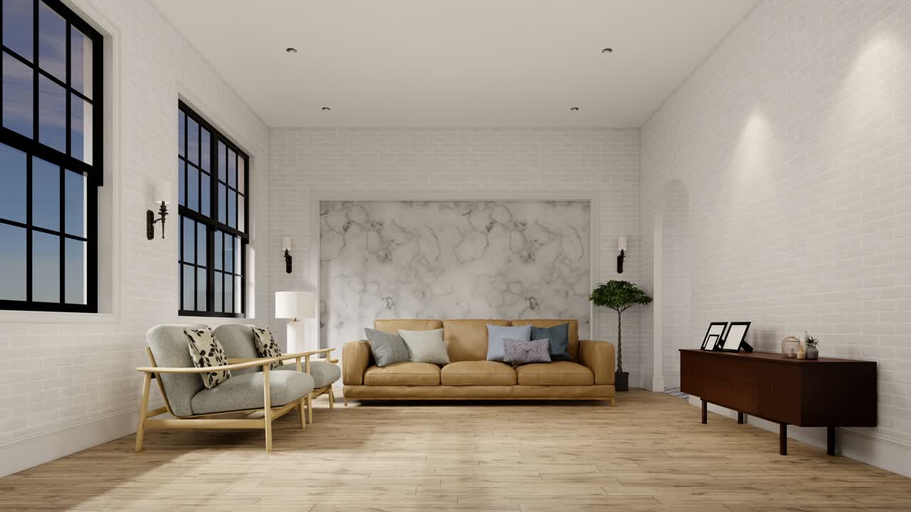 3d rendering animación timelapse. interior casa moderno espacio de vida abierto con cocina. moderno estilo loft residencia de apartamento dúplex. decoración del hogar diseño de interiores.