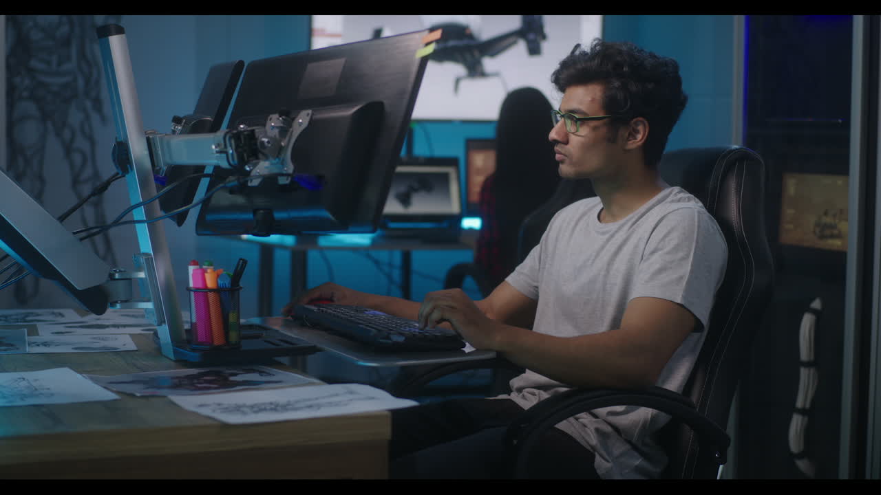 hombre trabajando en la computadora en la oficina del hogar