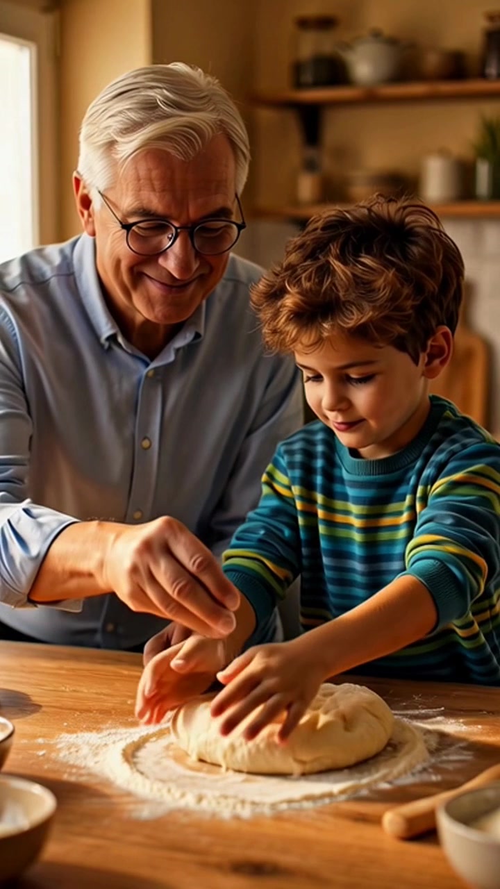 Nonno e nipote che impastano la pasta insieme in cucina.
