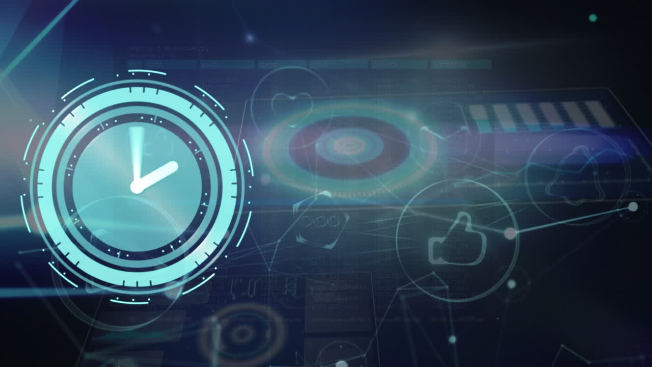 Animation of clock, connections and data processing on screen