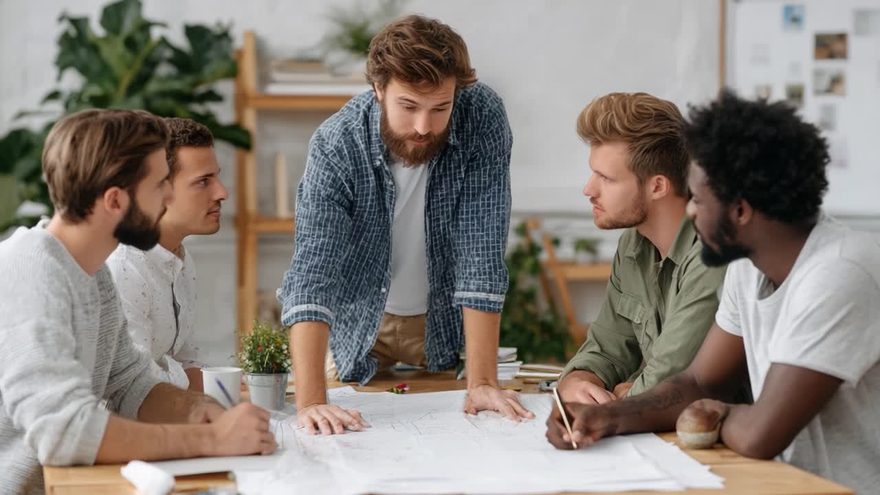 A Collaborative Team of Professionals Engaged in Intense Discussion Over Plans and Designs at a Creative Workspace Focused on Innovation and Project Development