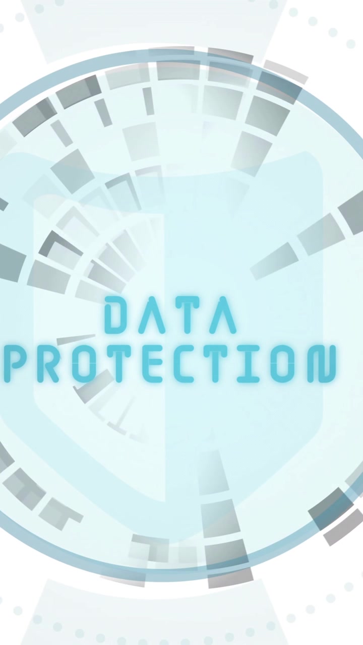 Animation of data protection text over circular scanner mirror ball processing on white background