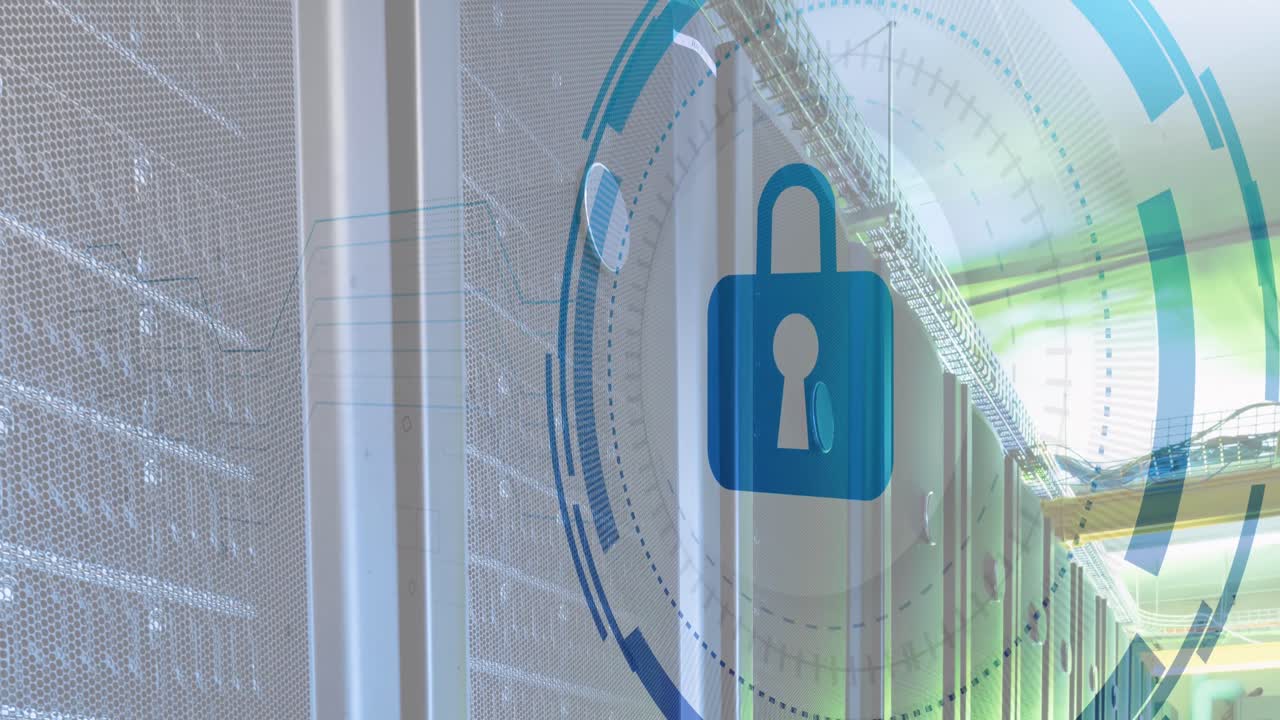 Animation of padlock over data processing and server room