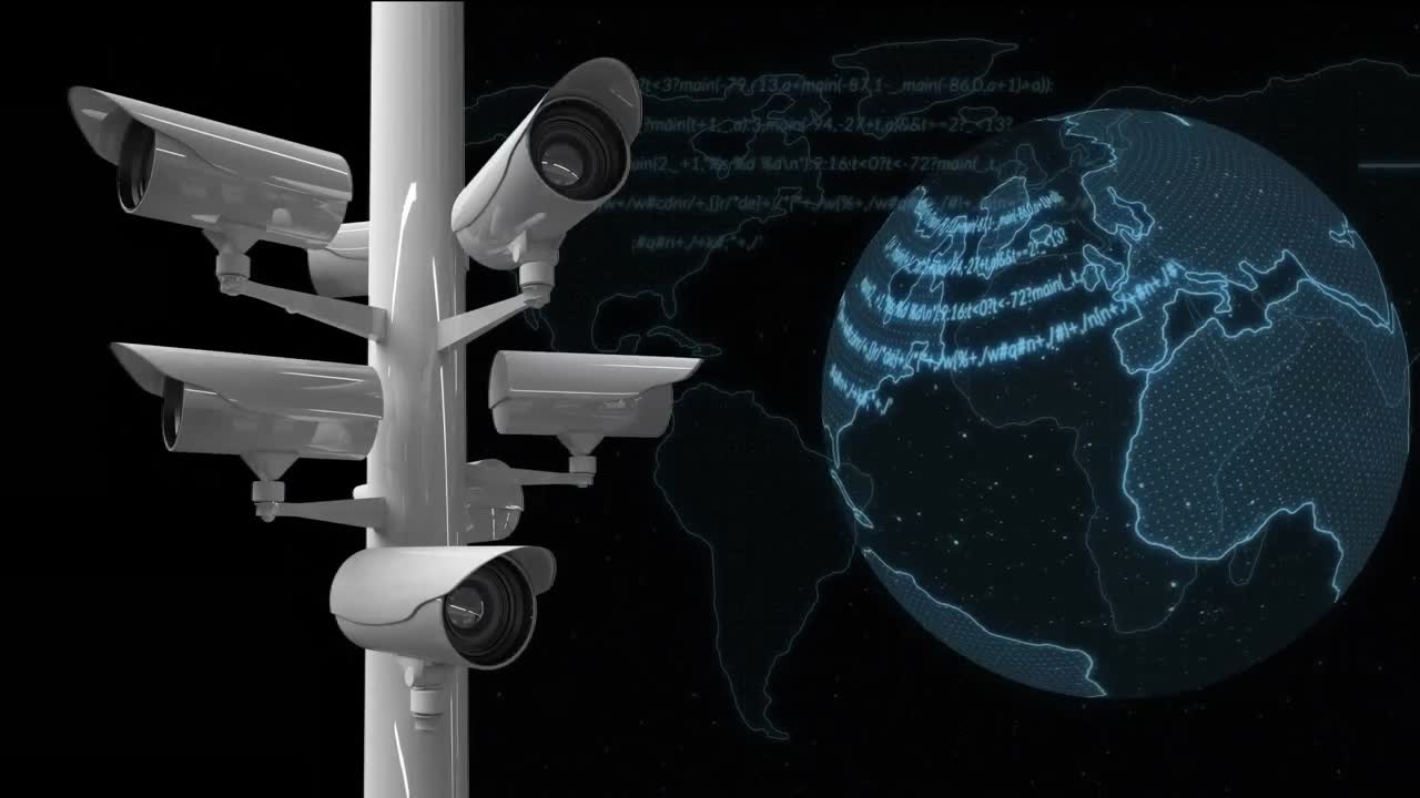 Telecamere a circuito chiuso e globo digitale con mappa del mondo