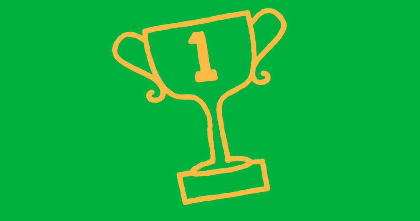 Graphic designers presenting trophy outline on transparent background, animating orange award icon