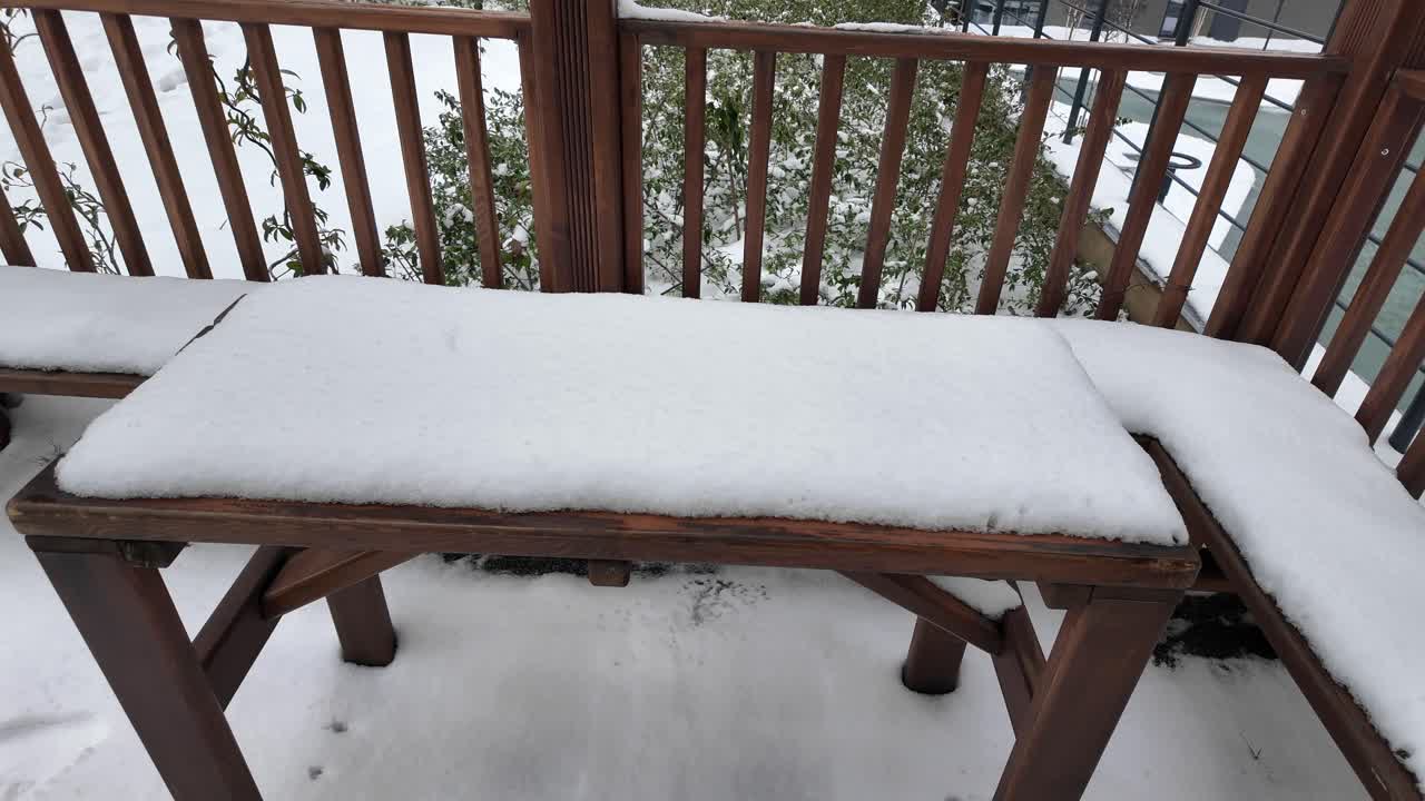 Snow covered wooden table and bench