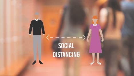 animation of people walking away in a halway over people icons social distancing