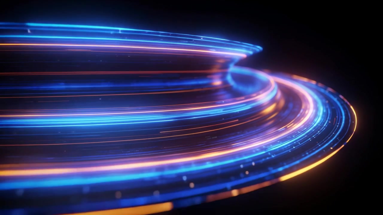 Animazione che mostra nastri a spirale blu e arancioni che si attorcigliano nel vuoto oscuro, rilasciando frammenti e mostrando movimento