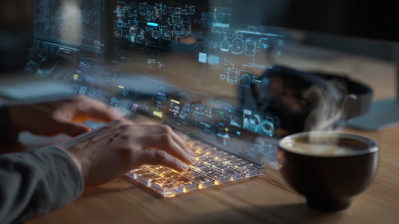 A person interacts with a transparent keyboard while immersed in a high-tech digital environment, surrounded by holographic displays providing real-time data and analytics in a cozy workspace setting