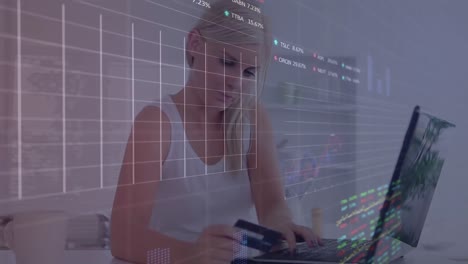 animation of financial data processing over woman using laptop