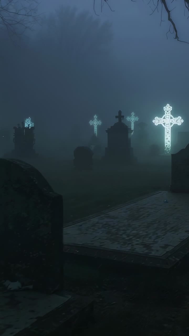 Vertical video: Panning camera right, revealing cross amid tombstones in cemetery fog, copy space