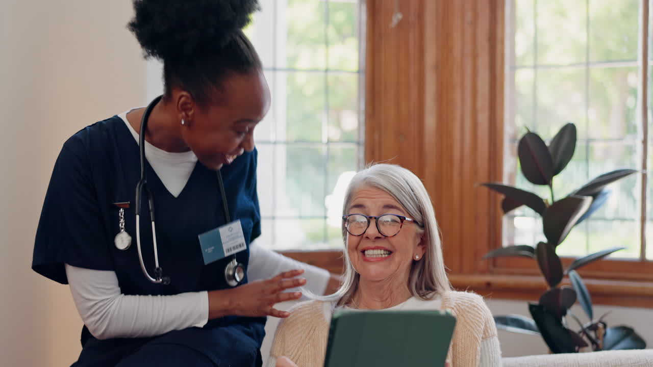 Smile, tablet or nurse consulting an old woman