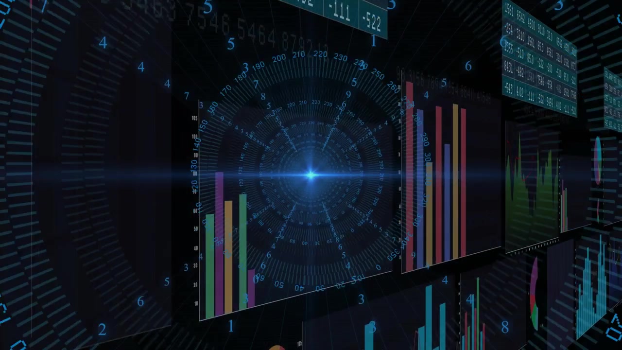 Blue flare appearing at radial HUD center, panels panning right, updating charts, showing analytics