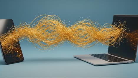 visualizing data transfer between devices: a dynamic representation of information flow through golden waves connecting a smartphone and a laptop