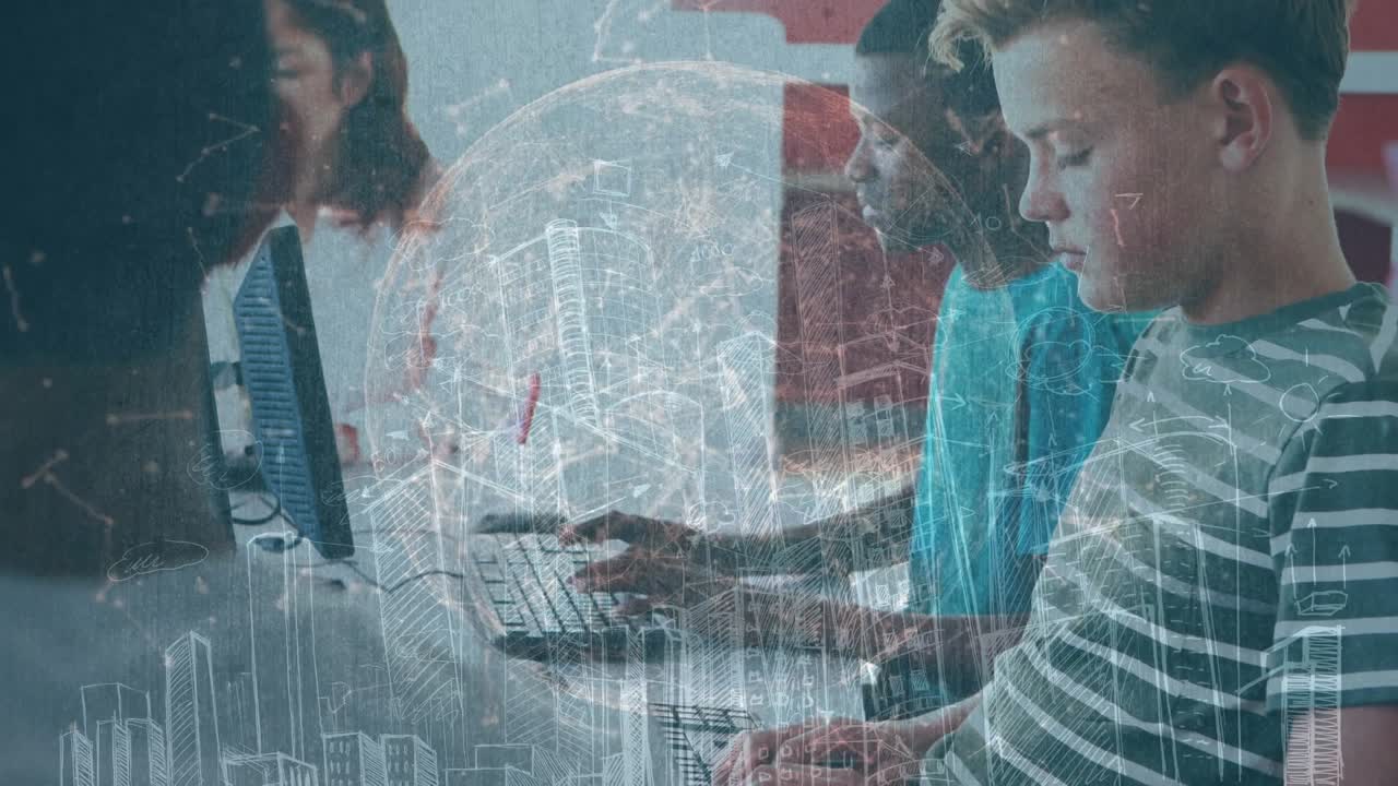 Animation of world map and spots over businesswoman using vr headset