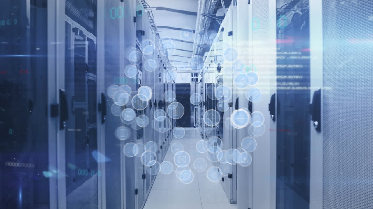 Animation of globe of digital icons and light spot against computer server room