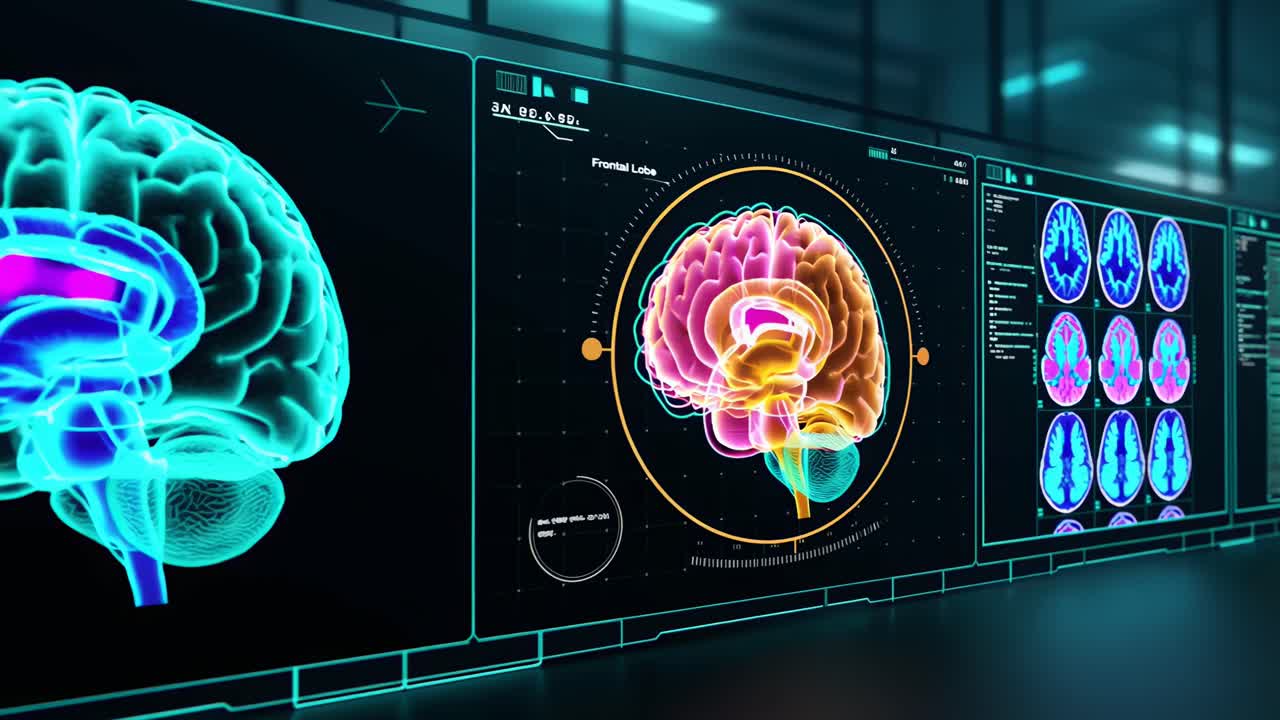 Concepto de vídeo futurista de escáneres cerebrales en pantallas digitales, en ángulo lateral