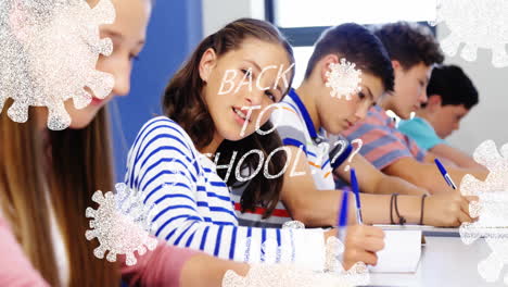 in school, students writing with animation of back to school and snowflakes overlay