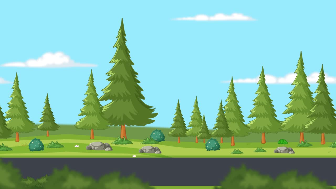 Animated forest scene with moving trees and rocks, showcasing a ...