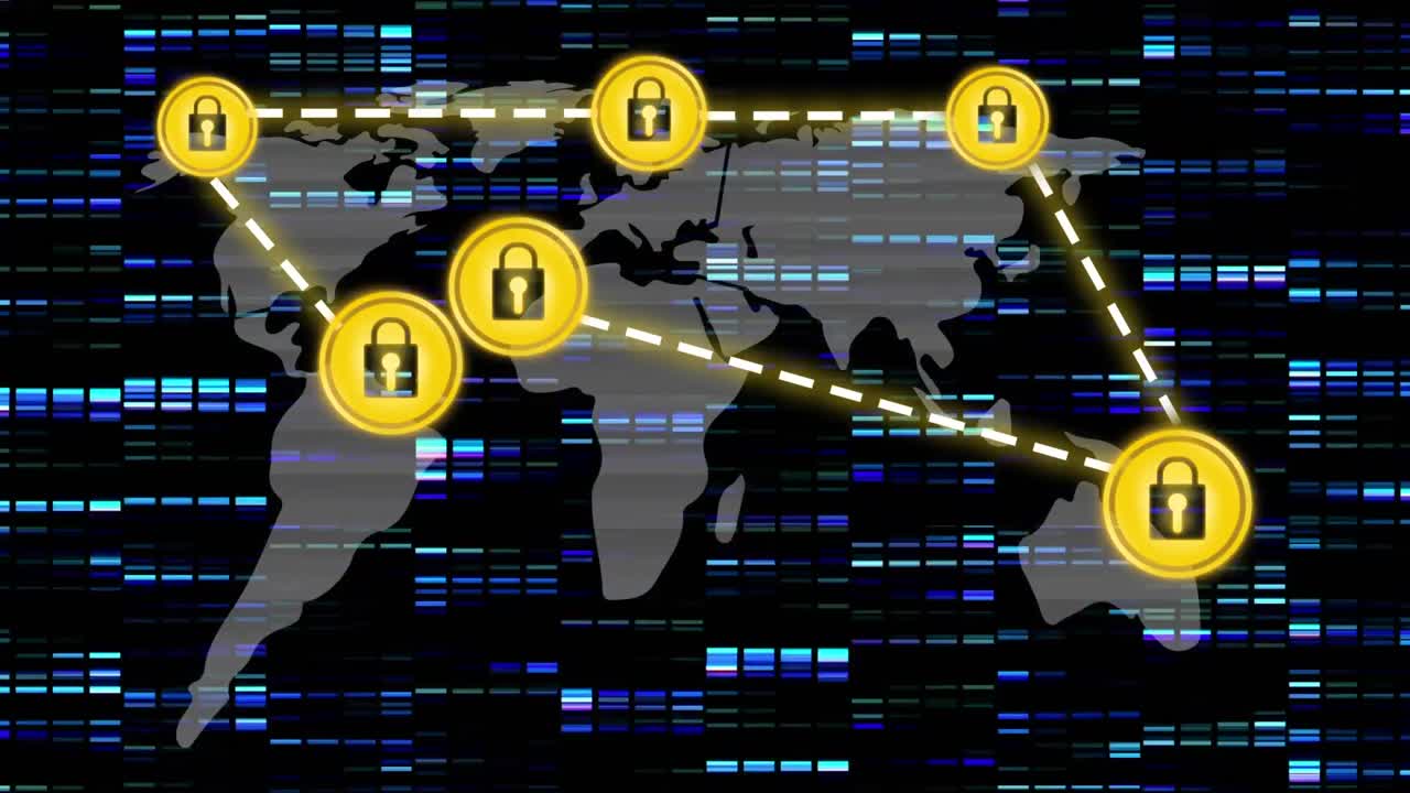 어두운 배경 위에 온라인 보안  ⁇ 락을 가진 연결 네트워크의 애니메이션