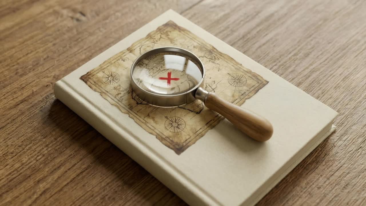 Magnifying Glass on Treasure Map with Red X on Old Book
