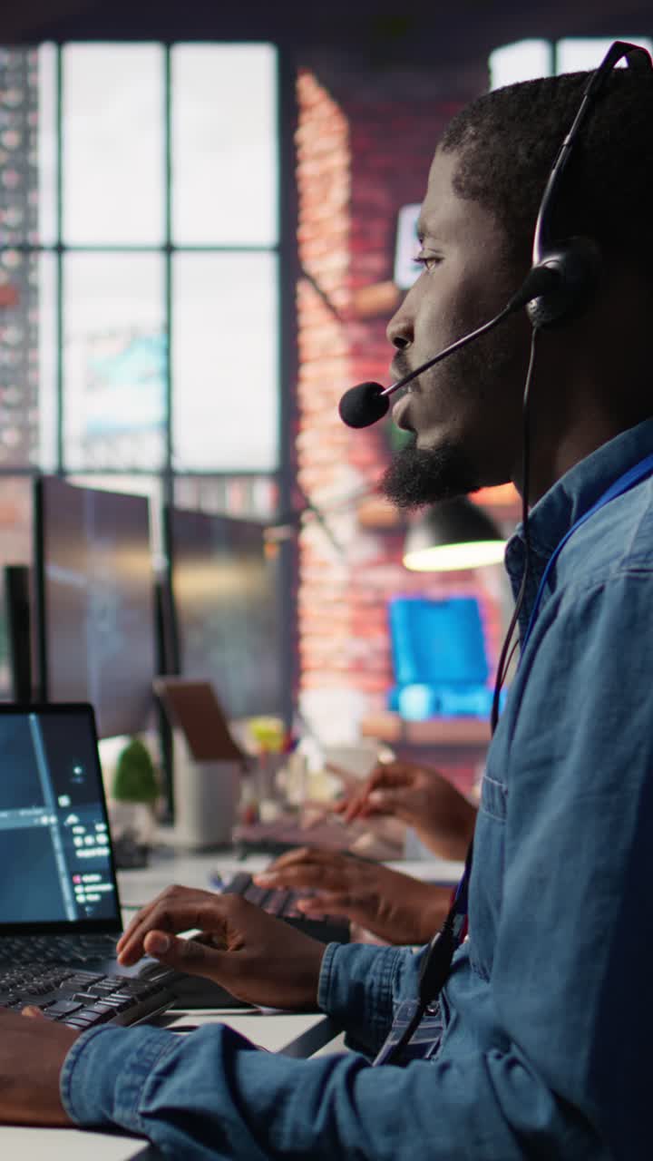 Vertical video Call center worker in office using AI chatbot to answer customer questions