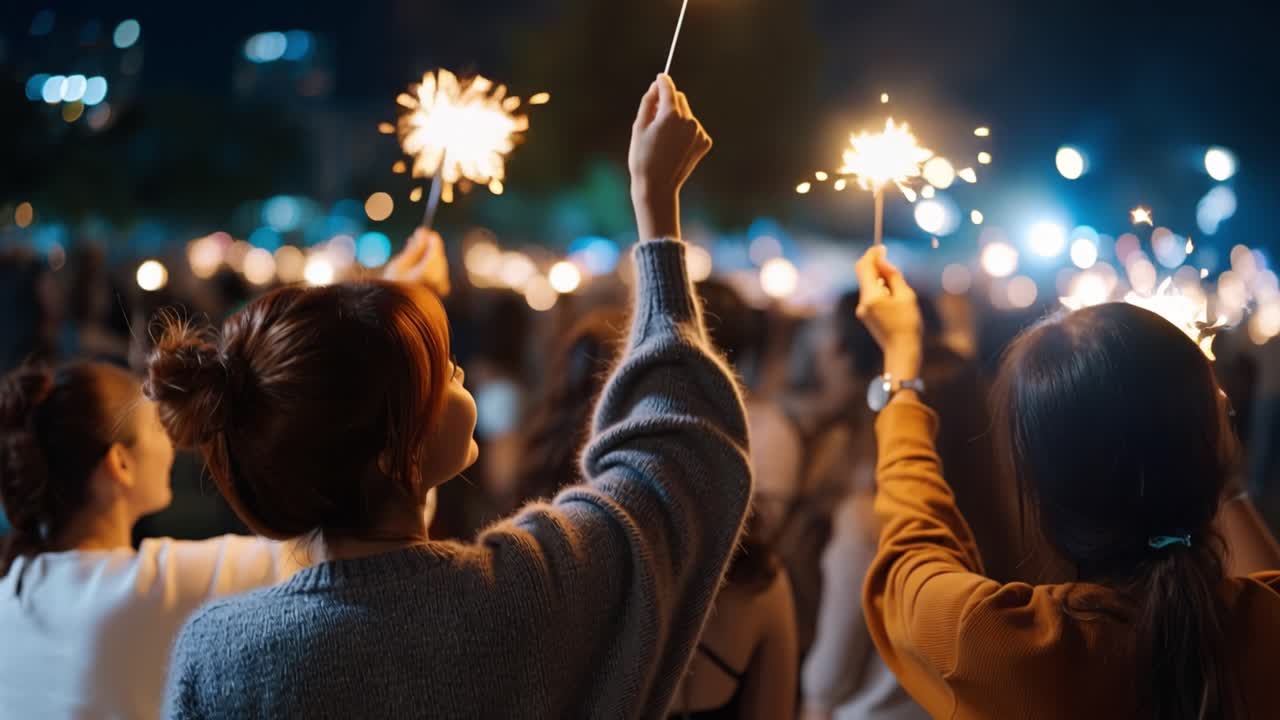 Malam Perayaan: Orang-orang Menikmati Suasana Meriah dengan Kembang Api Genggam di Acara Luar Ruangan yang Ramai, Penuh Cahaya dan Tawa di Bawah Langit Berbintang.