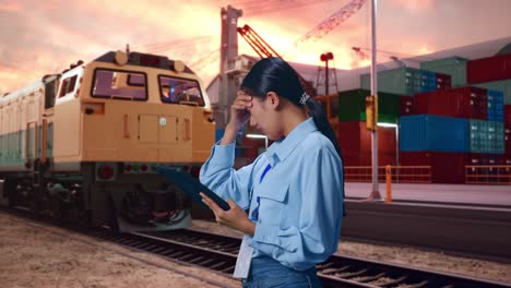 side view of asian female with her tablet with freight cargo train at port, checking with dissapionted and nodding her shead