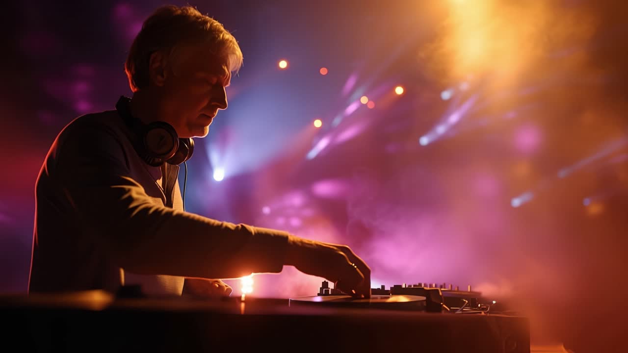 Un DJ in silhouette domina luci di scena vibranti e vorticose. Le dita scorrono sui controlli, sintonizzate sui ritmi pulsanti. Il fumo si diffonde, avvolgendosi in fasci colorati e foschia di calore.