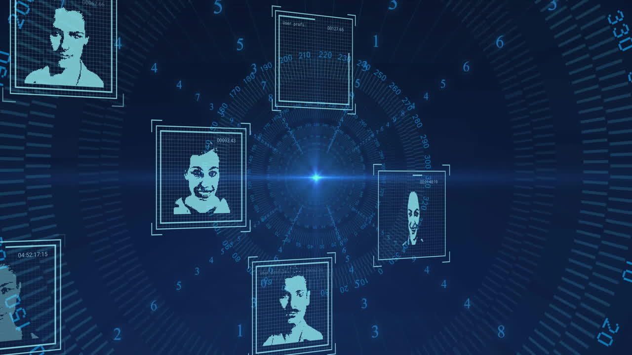 검은색 배경에 초상화와 함께 데이터 처리의 애니메이션