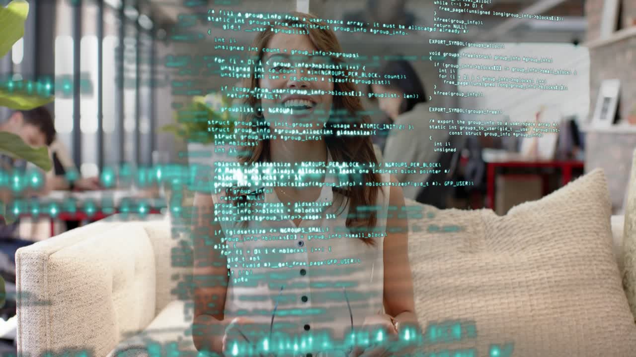 Woman smiling talking causing code overlay moving across office, handling glasses, explaining tech