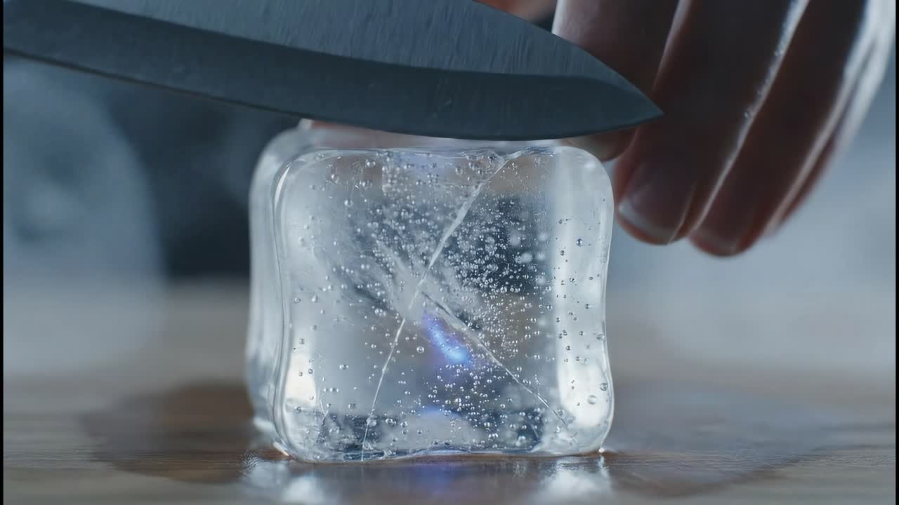 A knife cutting into an ice cube