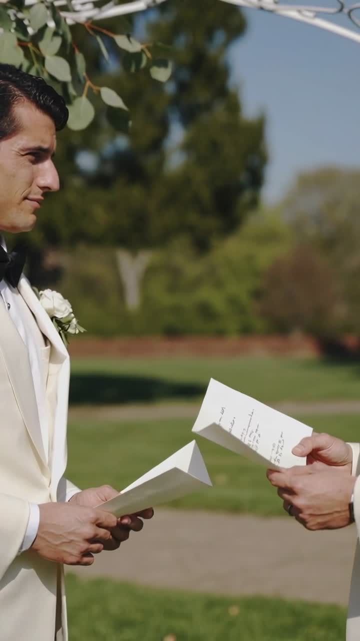 Vertical video: Reading grooms in ivory tuxedos holding booklets at garden arch after cue for vows