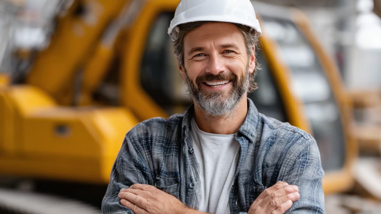 A cheerful construction worker smiles confidently at the camera, showcasing a strong sense of professionalism and pride in his work environment