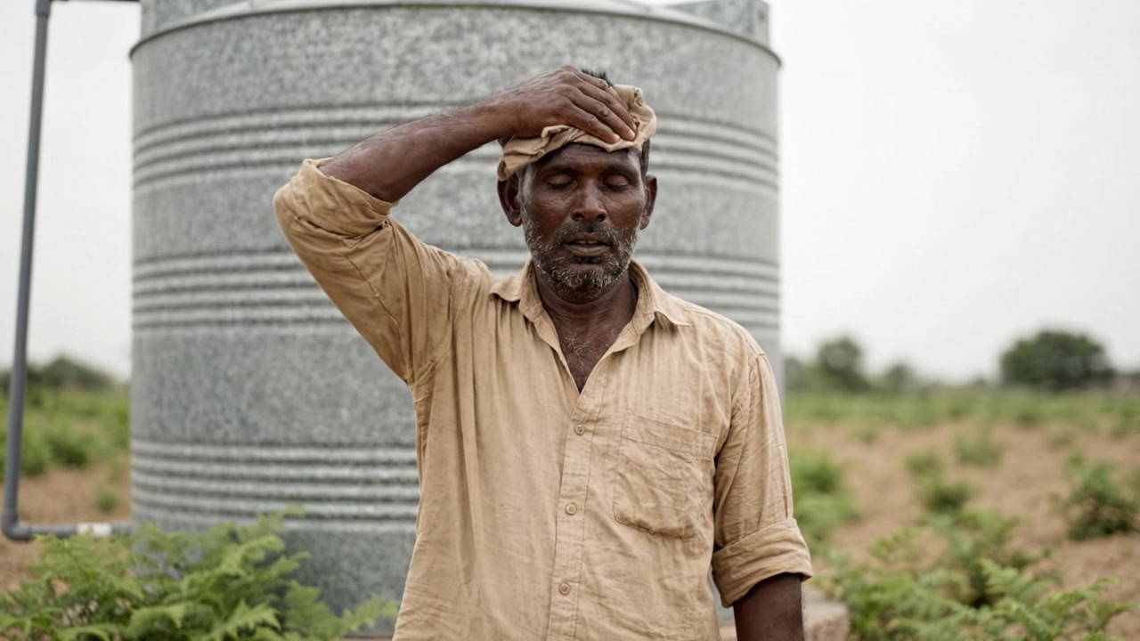 Un agricoltore resiliente si erge stoicamente nel suo campo, evidenziando l'importanza dell'agricoltura e della conservazione dell'acqua nei paesaggi rurali, con un serbatoio d'acqua come sfondo.