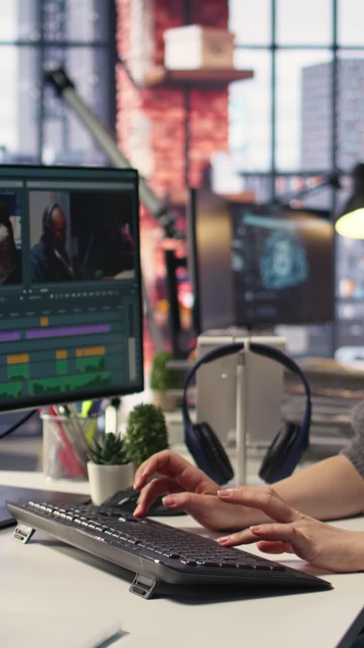 Vertical Video Female videographer working with dual monitors at the creative agency