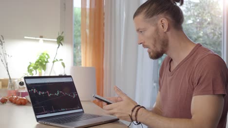 man is checking his laptop and phone screen for data charts with surprise, stock markets flow data and digital agenda schedule