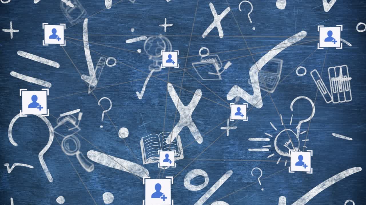 Digital animation of multiple school concept icons against mathematical equations on blue background