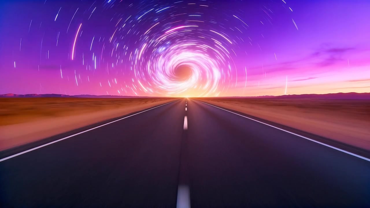 Vortice luminoso che si forma, attirando una strada a due corsie centrata verso l'orizzonte al tramonto nel deserto, con scie stellari.