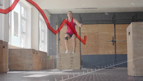 animación de gráfico de línea roja sobre la mujer de pie en una caja de madera en el gimnasio