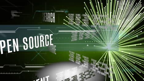animación de textos de investigación, tecnología y computación, con haces de luz y procesamiento de datos