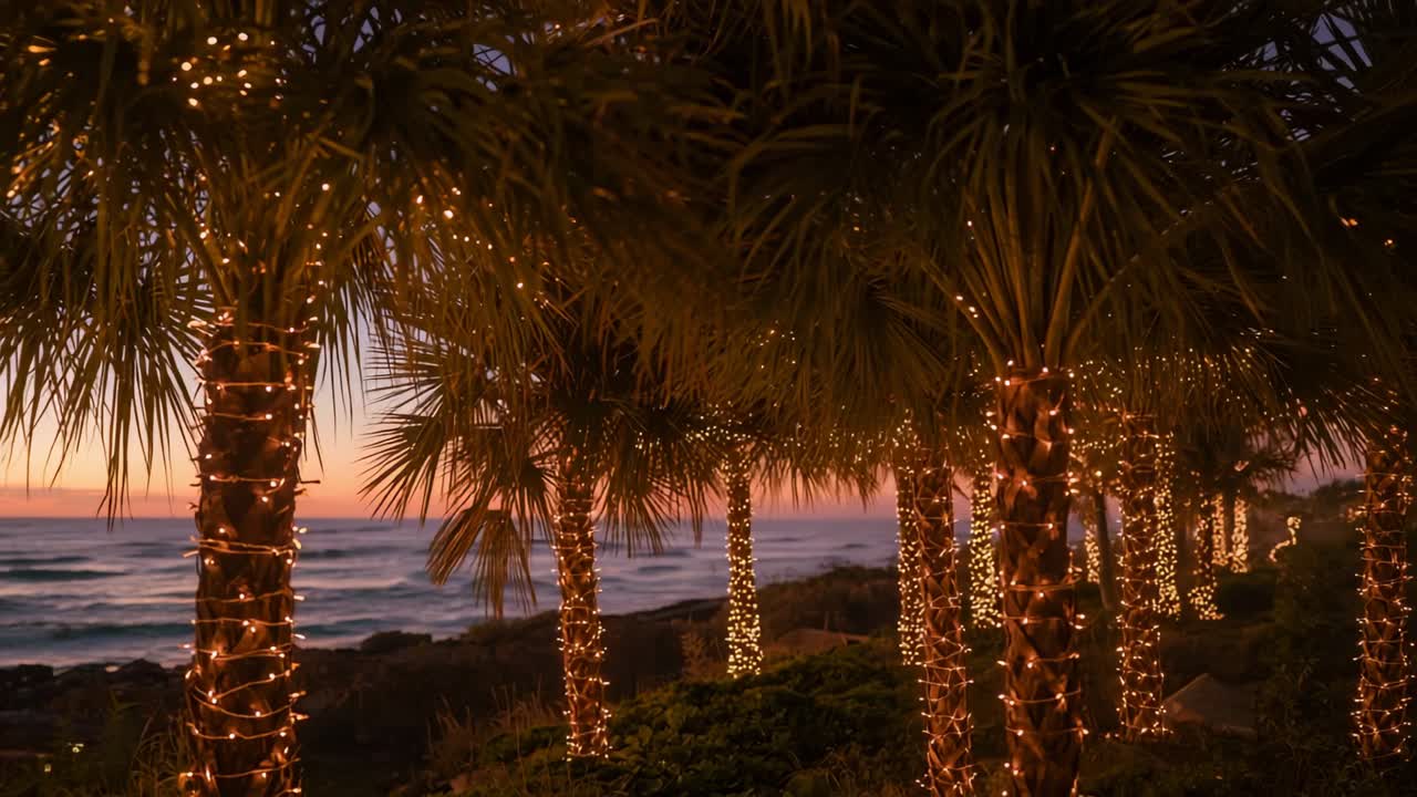 Sun dipping horizon signaling palm trees glowing string lights over rocky shoreline, waves lapping