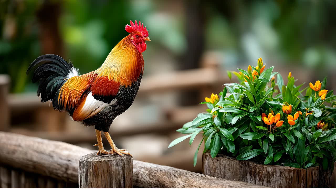 Bright rooster stands beside flowers. A rooster with bright feathers is on a wooden fence next to blooming orange flowers in a garden setting