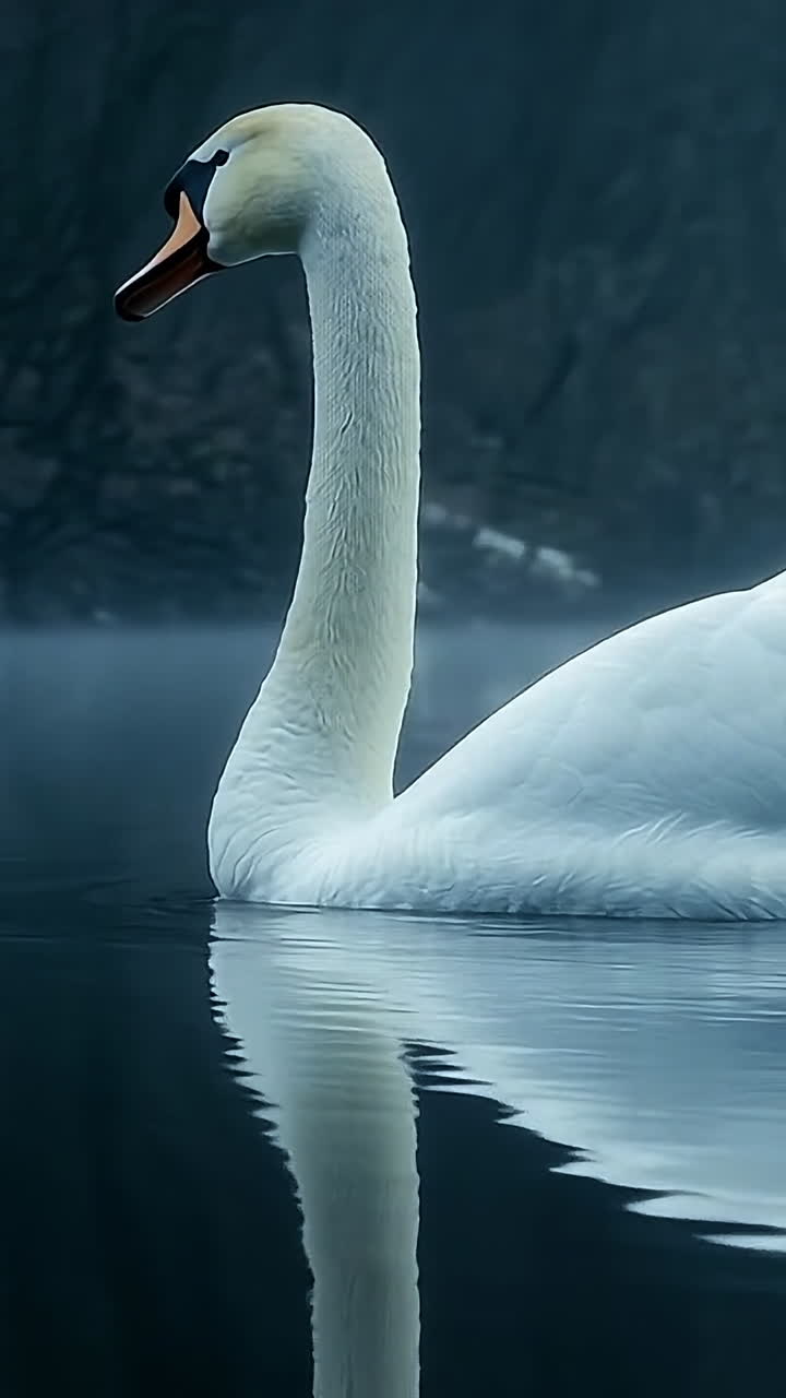 Elegant swan gliding on misty water. A majestic white swan swims peacefully on calm water surrounded by a foggy landscape during early morning light.