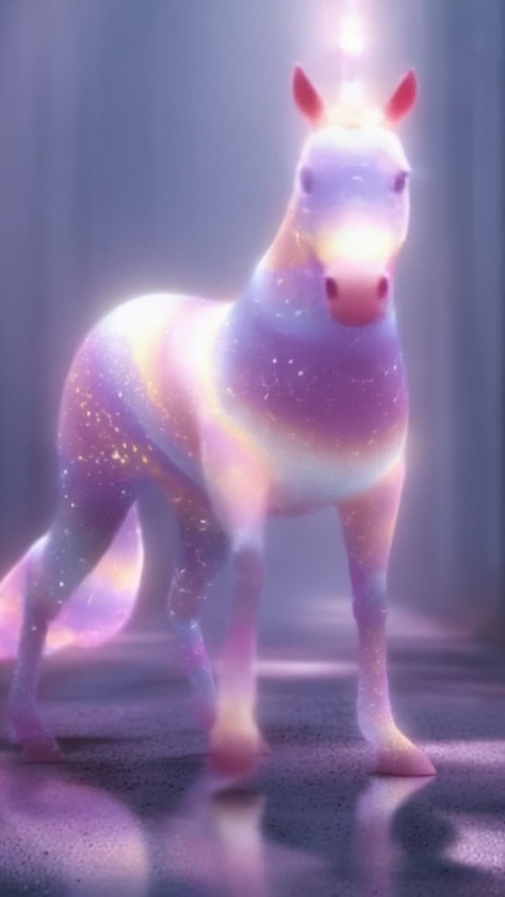 A mesmerizing ethereal horse glides through a mystical, colorful expanse, adorned with brilliant galaxies and shimmering lights, in a dreamlike atmosphere of wonder